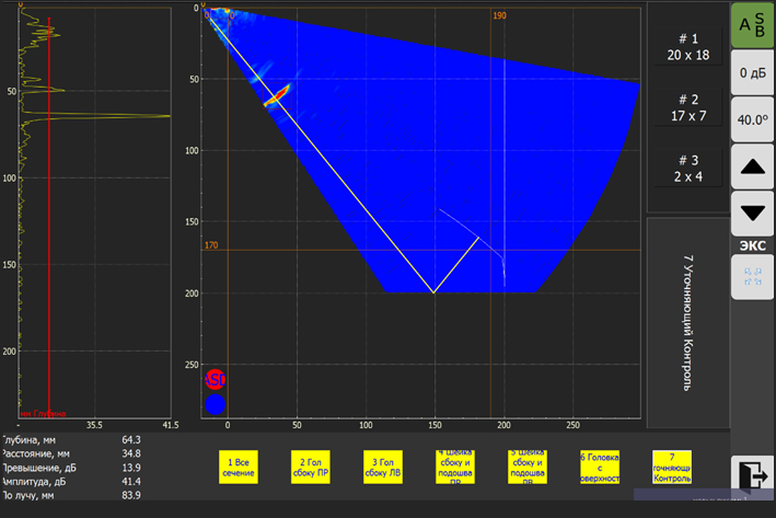 Both defects are clearly distinguishable Secondary inspection by a manual probe. The greatest amplitude during testing with the side faces at an angle of 40°, order of JSC "RZD" №1471р